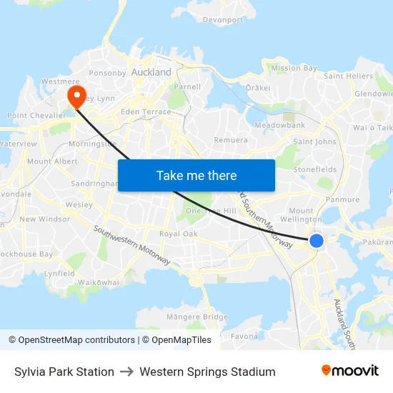 Sylvia Park Station to Western Springs Stadium map