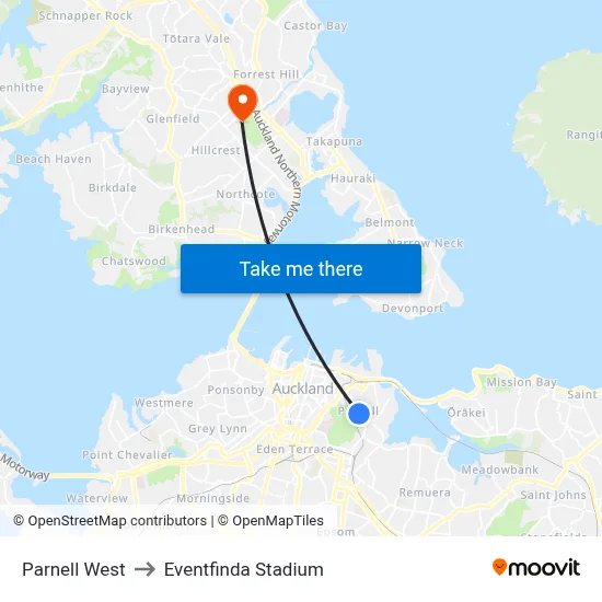 Parnell West to Eventfinda Stadium map