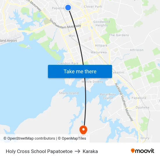 Holy Cross School Papatoetoe to Karaka map