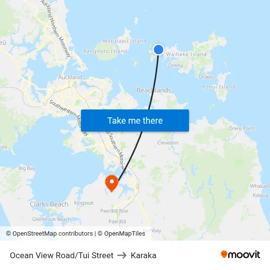 Ocean View Road/Tui Street to Karaka map