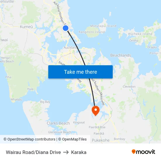 Wairau Road/Diana Drive to Karaka map