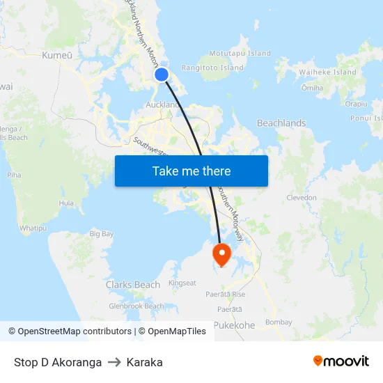 Stop D Akoranga to Karaka map
