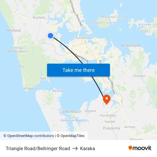 Triangle Road/Bellringer Road to Karaka map