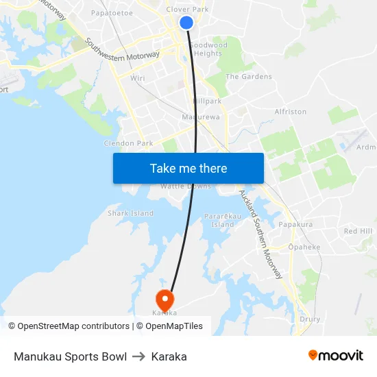 Manukau Sports Bowl to Karaka map