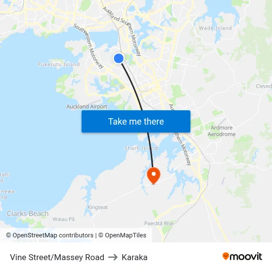 Vine Street/Massey Road to Karaka map