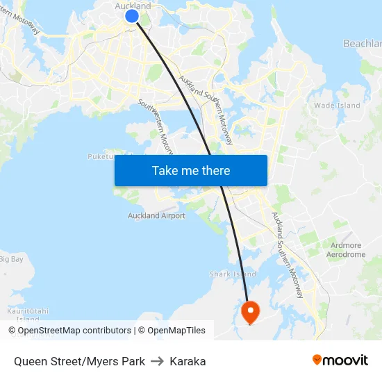 Queen Street/Myers Park to Karaka map