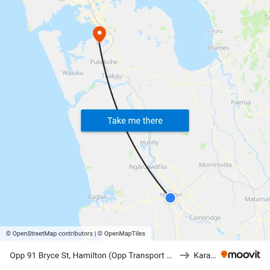 Opp 91 Bryce St, Hamilton (Opp Transport Centre) to Karaka map