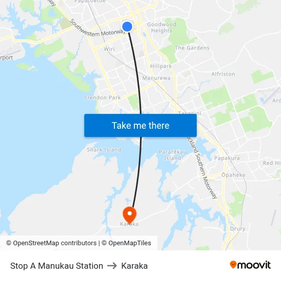 Stop A Manukau Station to Karaka map