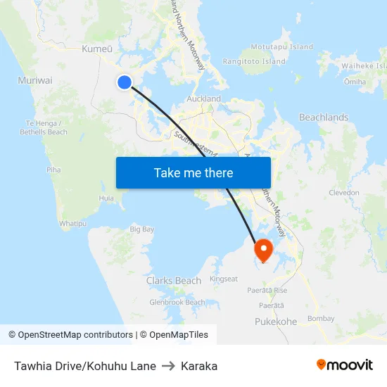 Tawhia Drive/Kohuhu Lane to Karaka map