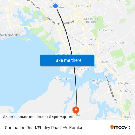 Coronation Road/Shirley Road to Karaka map