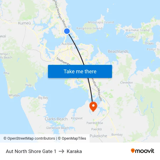 Aut North Shore Gate 1 to Karaka map