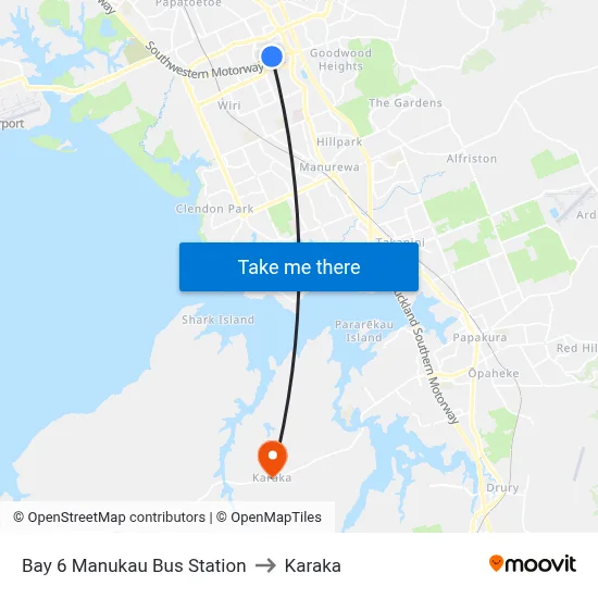 Bay 6 Manukau Bus Station to Karaka map