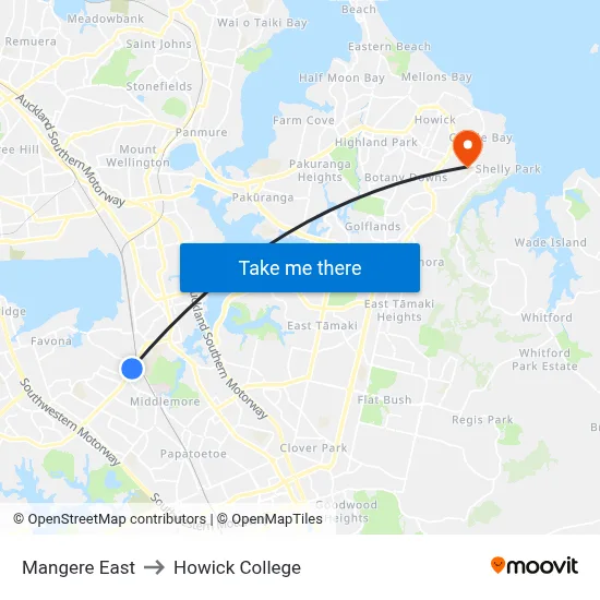 Mangere East to Howick College map