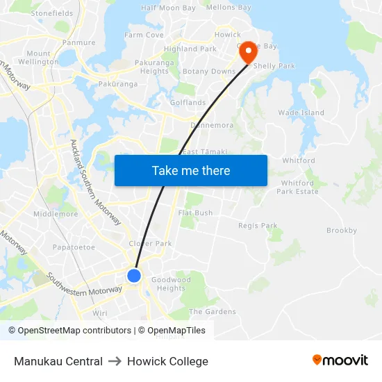 Manukau Central to Howick College map
