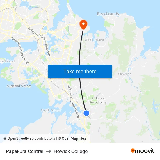 Papakura Central to Howick College map