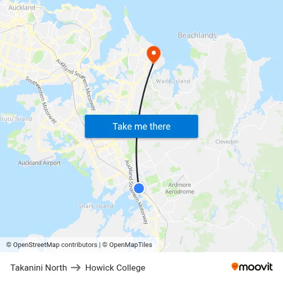 Takanini North to Howick College map
