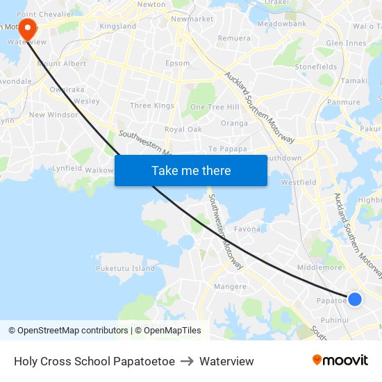 Holy Cross School Papatoetoe to Waterview map