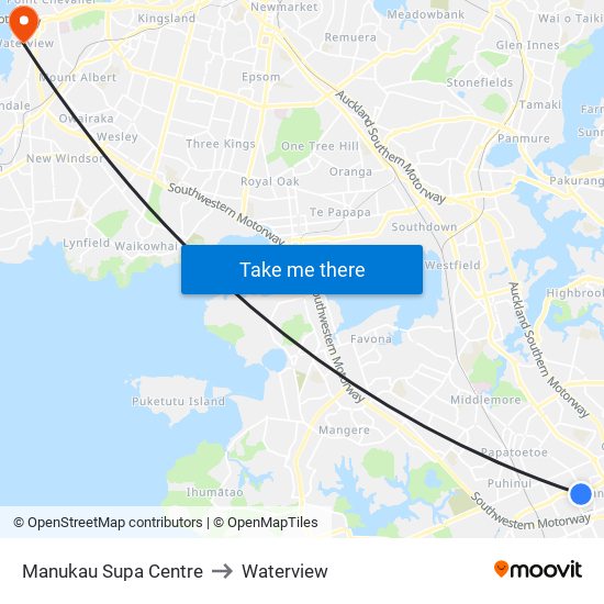 Manukau Supa Centre to Waterview map