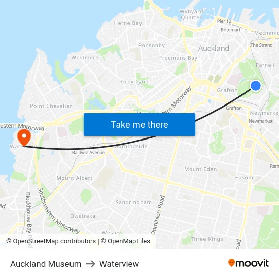 Auckland Museum to Waterview map