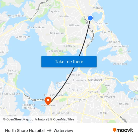 North Shore Hospital to Waterview map