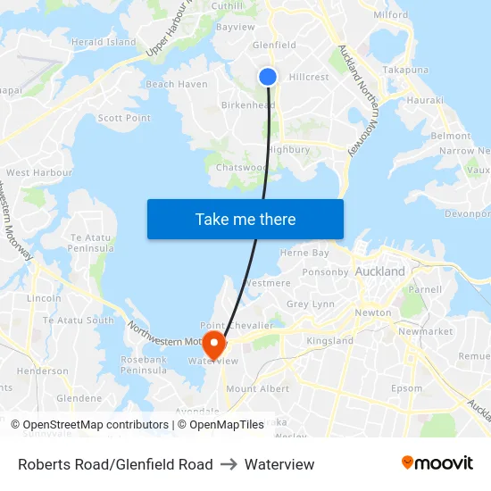 Roberts Road/Glenfield Road to Waterview map