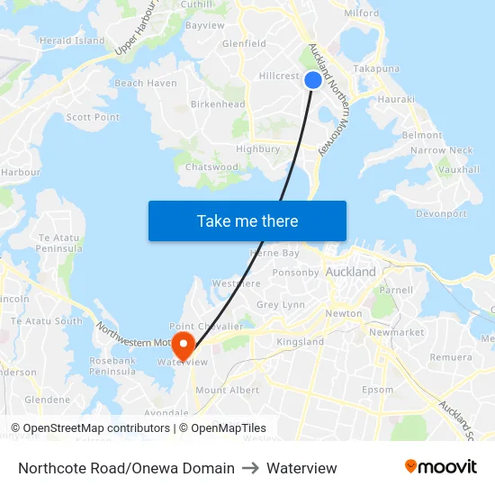 Northcote Road/Onewa Domain to Waterview map