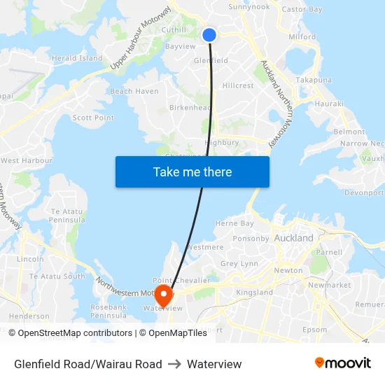 Glenfield Road/Wairau Road to Waterview map