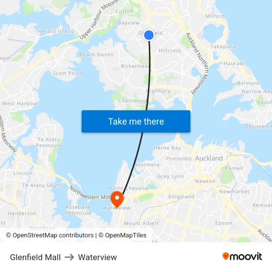Glenfield Mall to Waterview map