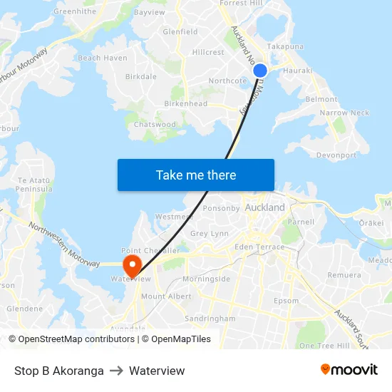 Stop B Akoranga to Waterview map