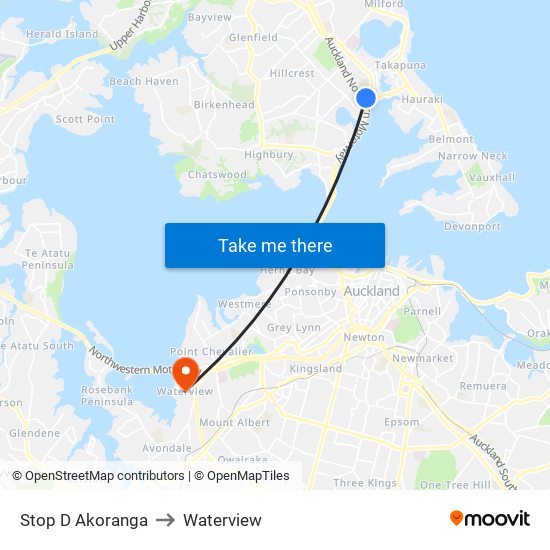 Stop D Akoranga to Waterview map