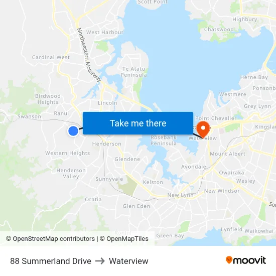 88 Summerland Drive to Waterview map