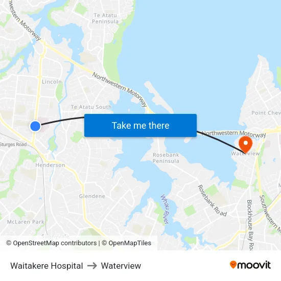 Waitakere Hospital to Waterview map