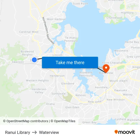 Ranui Library to Waterview map