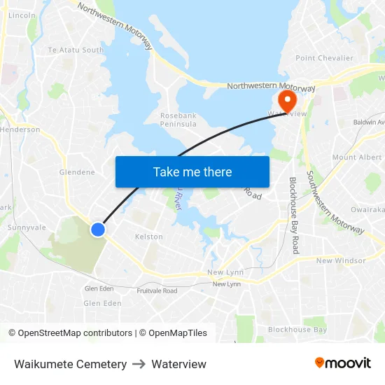 Waikumete Cemetery to Waterview map