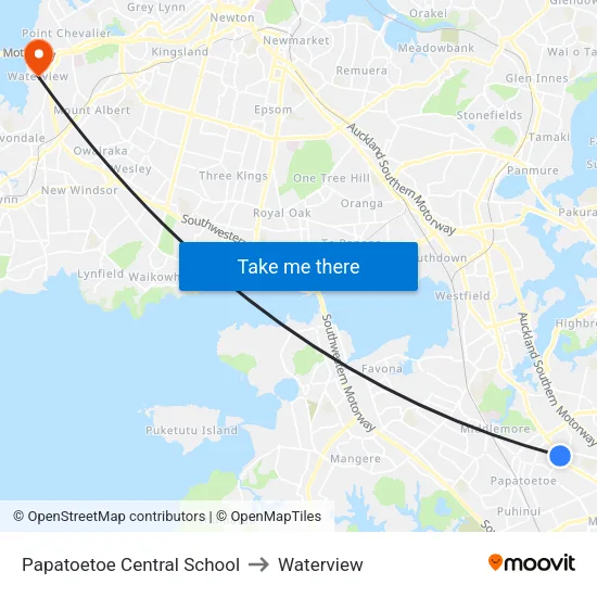 Papatoetoe Central School to Waterview map