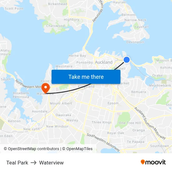 Teal Park to Waterview map