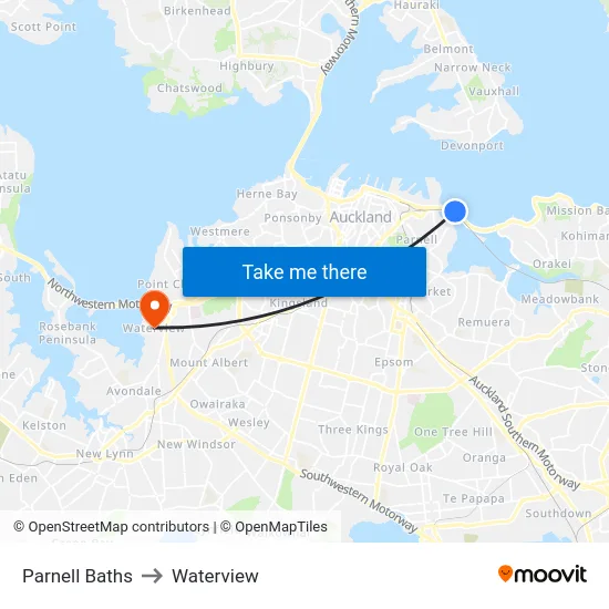 Parnell Baths to Waterview map