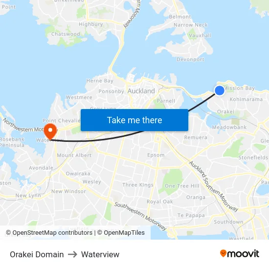 Orakei Domain to Waterview map
