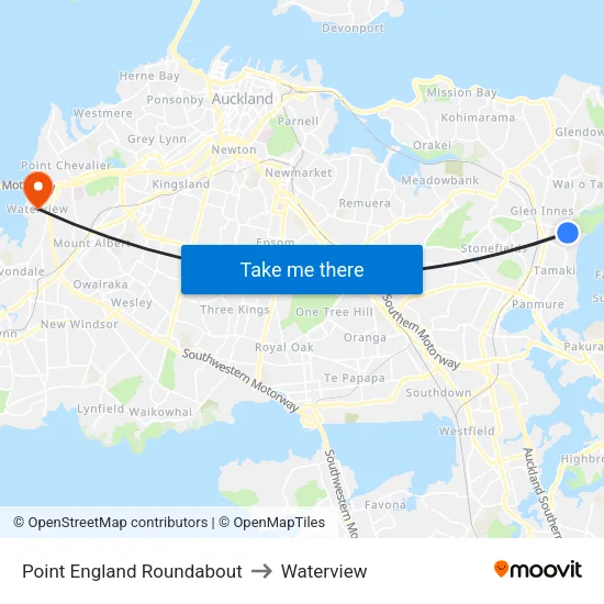 Point England Roundabout to Waterview map