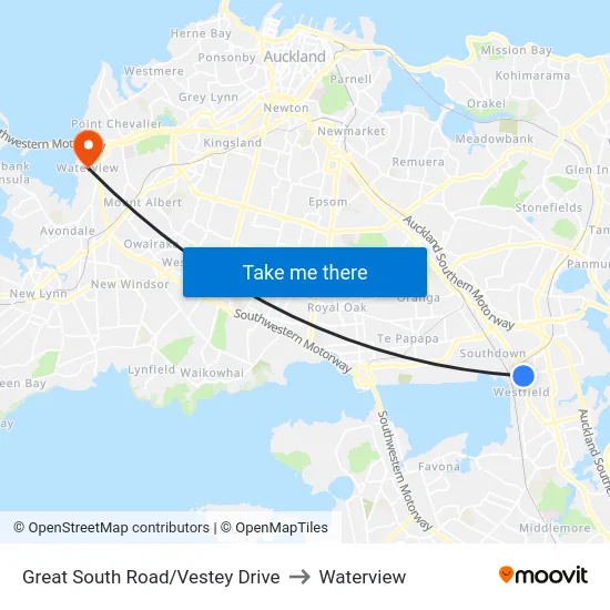 Great South Road/Vestey Drive to Waterview map
