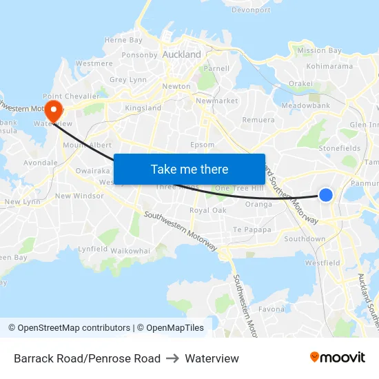 Barrack Road/Penrose Road to Waterview map