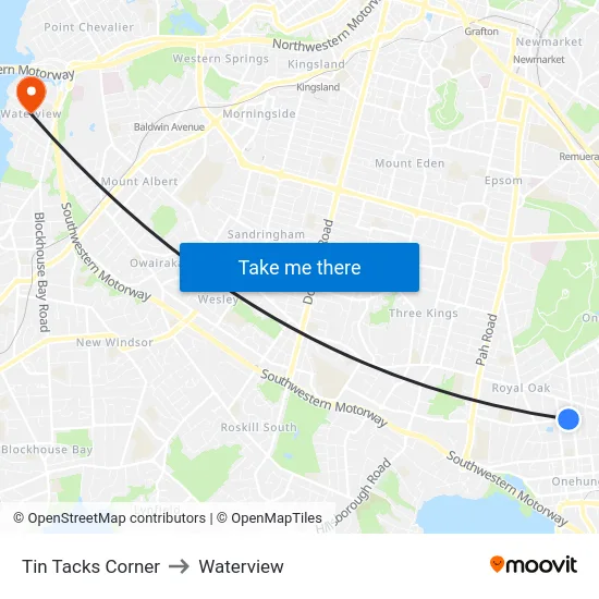 Tin Tacks Corner to Waterview map