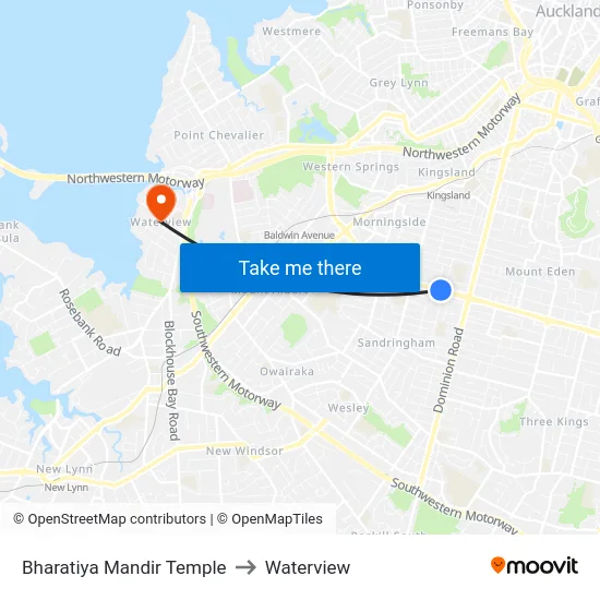 Bharatiya Mandir Temple to Waterview map