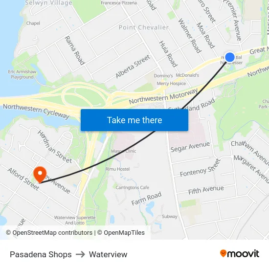 Pasadena Shops to Waterview map