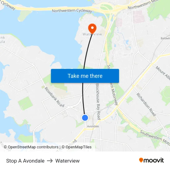Stop A Avondale to Waterview map