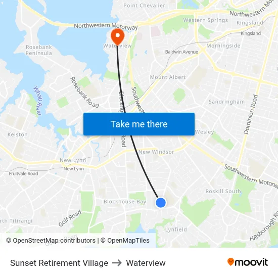 Sunset Retirement Village to Waterview map