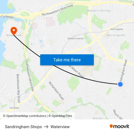Sandringham Shops to Waterview map