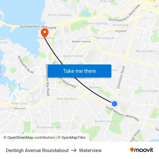 Denbigh Avenue Roundabout to Waterview map