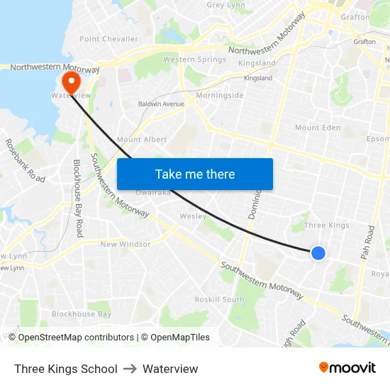 Three Kings School to Waterview map