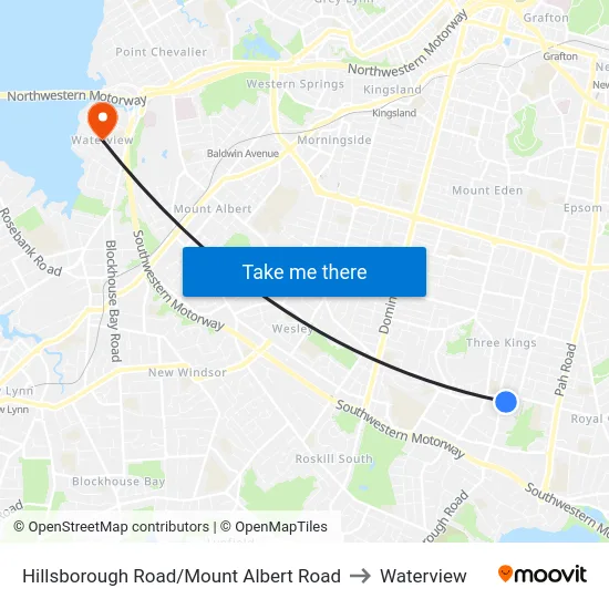 Hillsborough Road/Mount Albert Road to Waterview map